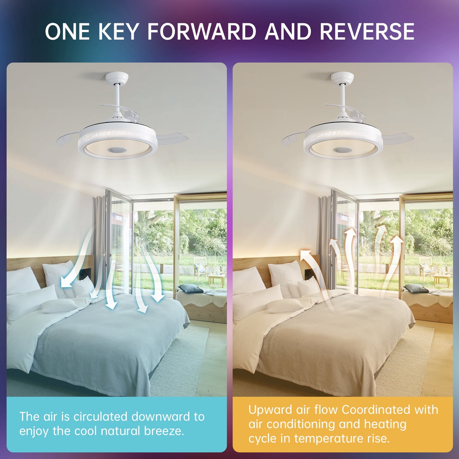 "Sofucor 42"" Retractable Ceiling Fan with Dimmable Lights, Bluetooth Speaker, Remote Control for Bedroom, Kitchen"
