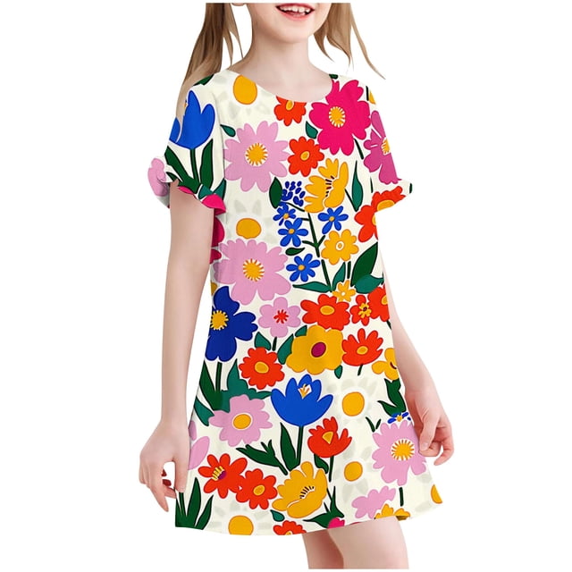 RXIRUCGD 2025 Vêtements d'Été pour Enfants 3-12 Ans Mode Imprimée Pyjama Rêveur Mi-Mollet Chemise de Nuit