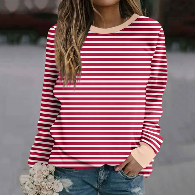 Jsaierl Chandails en Molleton pour Femmes Grande Taille Hauts Rayés Tendance Bloc de Couleur Pulls Décontractés Col Rond Chemises Automne Hiver Chandail en Molleton