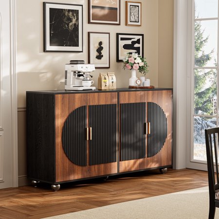 Fluted Buffet Cabinet with Storage Large Accent Sideboard with 4 Doors & Adjustable Shelves 58 Modern Fluted Credenza Media Console Table for Living Room Kitchen Dining Room