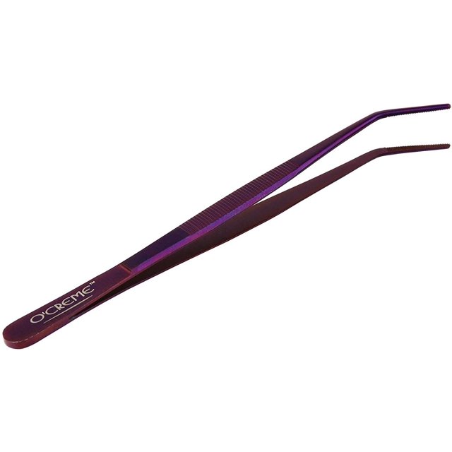 O'Creme Stainless Steel Precision Kitchen Culinary 8 Inch Tweezer Tongs (8" Curved, Purple)
