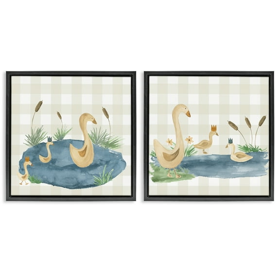 Stupell Industries Swan Family in Pond Landscape & Nature Painting Black Floater Framed Canvas Art Print Wall Art, 18 x 18, Set of 2