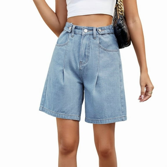 Womens Jean Shorts Knee Length Trendy Y2k High Waisted Wide Leg Casual Summer Shorts with Pockets Light Blue S