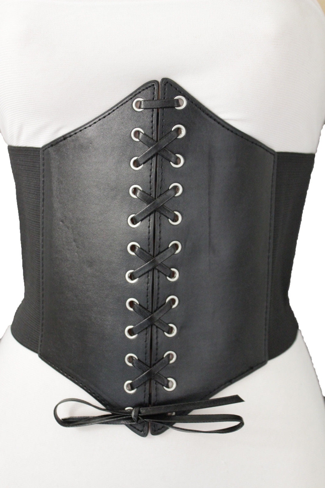 Women Black Wide Faux Leather Elastic Band Corset Belt High Waist Plus L XL XXL 