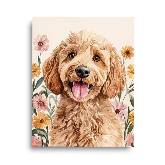 Golden Doodle Print, Cute Dog Portrait Wall Art, Pet Nursery Decor, Floral Puppy Poster, Animal Lover , Playful Canine Art Home Decor #4182, Unframed Poster Size 8x12