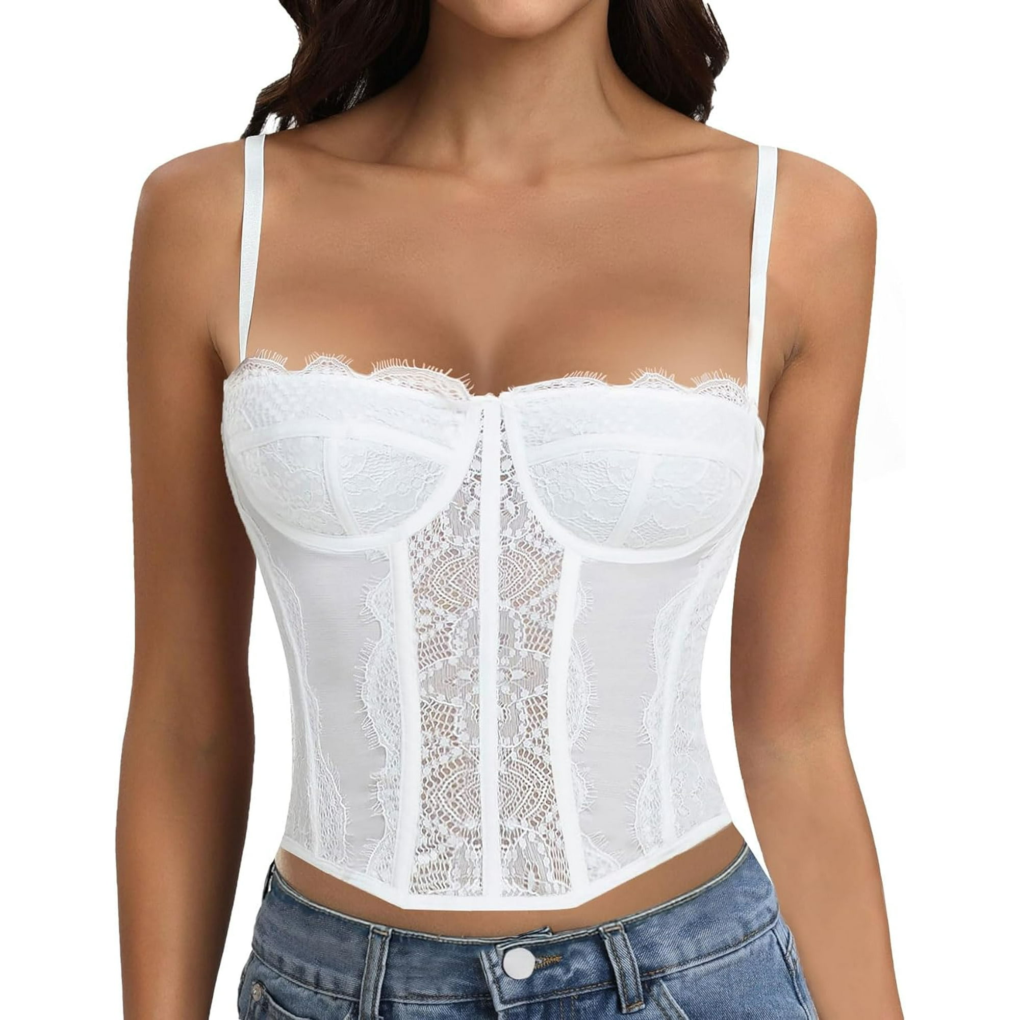LLEY Fashion Lace Bustier Corset Crop Tops for Women with Buckle Sexy Going Out Top White Medium