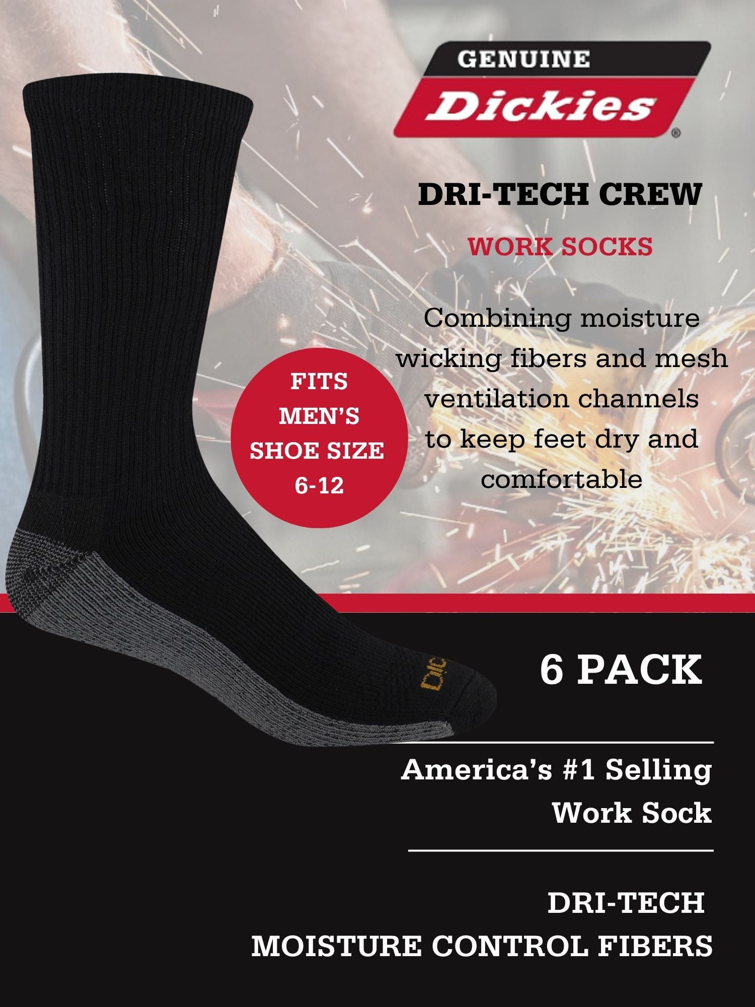 (2 pack) Dickies Men's Dri-Tech Crew Socks, 6-Pack Black Size 6-12