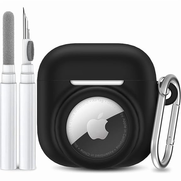 mjw001 2 in 1 Silicone Case Compatible with AirPod 4 and AirTag, Shockproof Protective Skin Cover for AirPods 4th Generation with Cleaner Kit & Carabiner (Black)