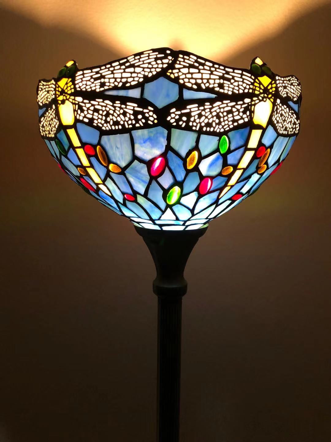 Tiffany Torch Floor Lamp Blue Stained Glass  Dragonfly LED Bulb Included For Living Room Bedroom 12"W*12"D*66"H