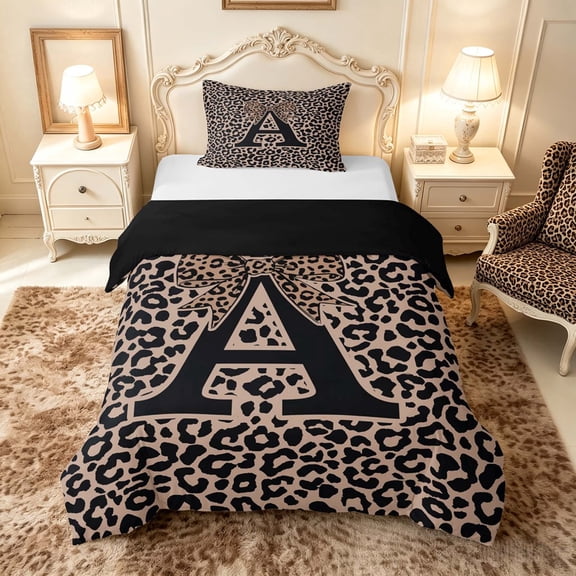 meiyoeat Leopard Print Bow Letter A Twin Bedding, Women Teens, Brown Animal Print Duvet Cover Set, Black Reversible2 Pieces, 1 Duvet Cover and 1 Pillowcase