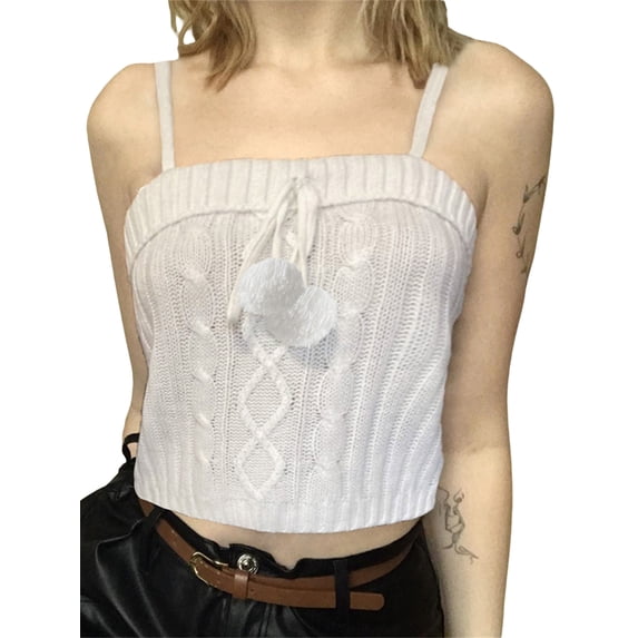 Women Y2k Cut Out Knit Camis Spaghetti Strap Crop Top Slim Fit Backless Camisole Mini Vest Harajuku Streetwear White