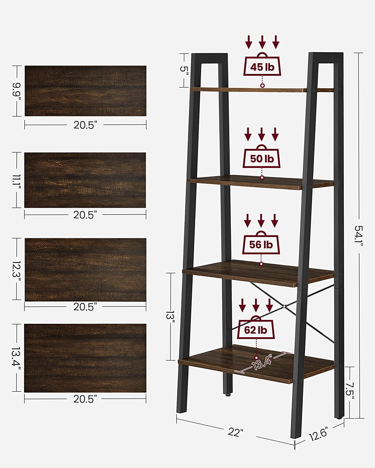 ALINRU Ladder Shelf 4-Tier Bookshelf Storage Rack Shelves Bathroom Living Room Rustic Dark Brown and Black