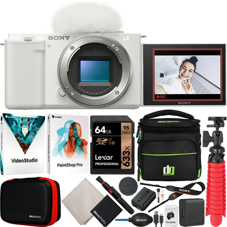 Sony ZV-E10 Mirrorless Alpha APS-C Interchangeable Lens Vlog Camera Body  ILCZV-E10/W White Bundle with Deco Gear Photography Case + Photo Video