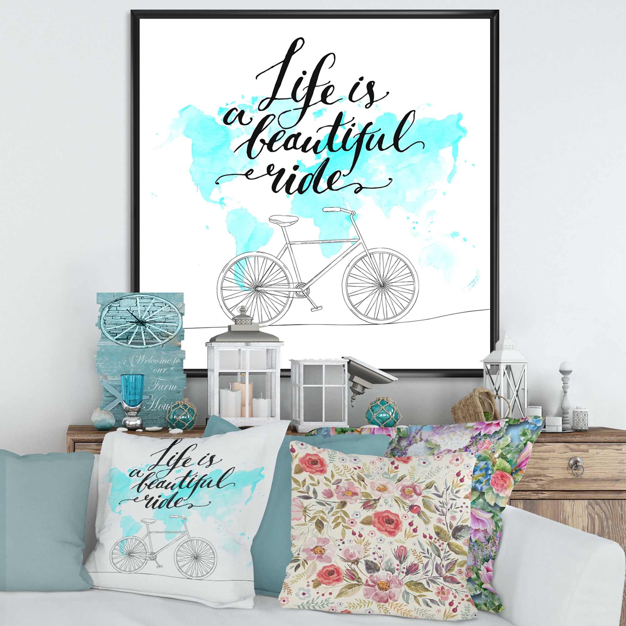 Designart 'Life Is A Beautiful Ride With Bicycle' Traditional Framed Canvas Wall Art Print