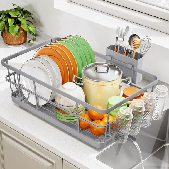 PLERISE Dish Drying Rack for Kitchen Counter, Stainless Steel Sink Organizer with Cutlery Holder, Dish Drainer Rack, Compact 12.4"W x 16.5"L, Gray