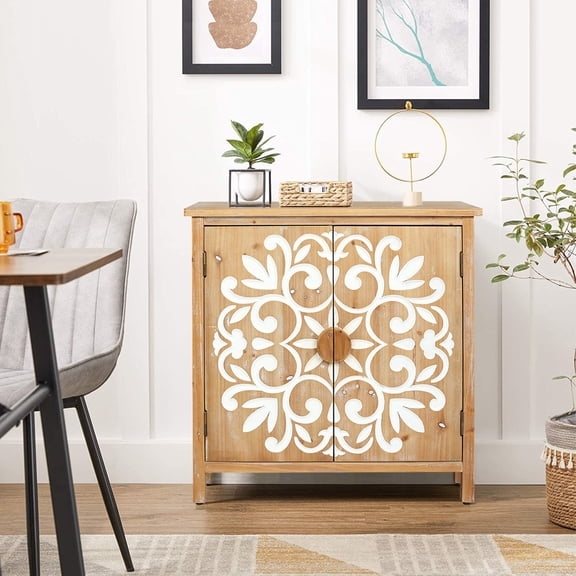 GDF Studio 27" Rustic Wooden Accent Cabinet, Floral Carved 2-Door Storage Sideboard, Living Room, Natural and White