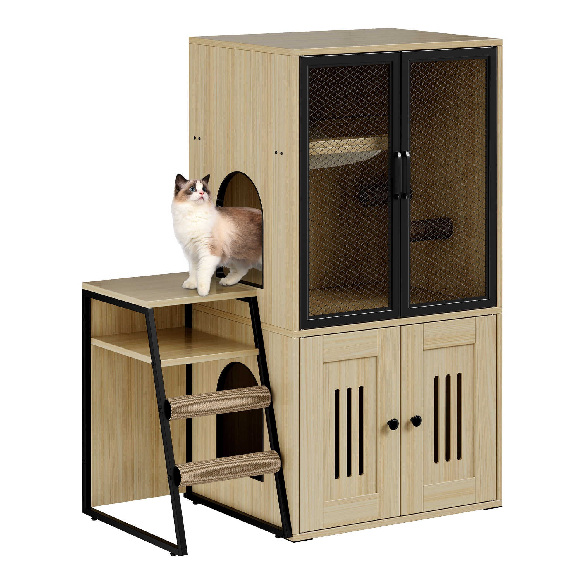 Cat Litter Box Enclosure Furniture,Hidden Litter Box Furniture with Shelf&Ladder,Double Litter Box Cabinet for Large Cats,Easy to Clean