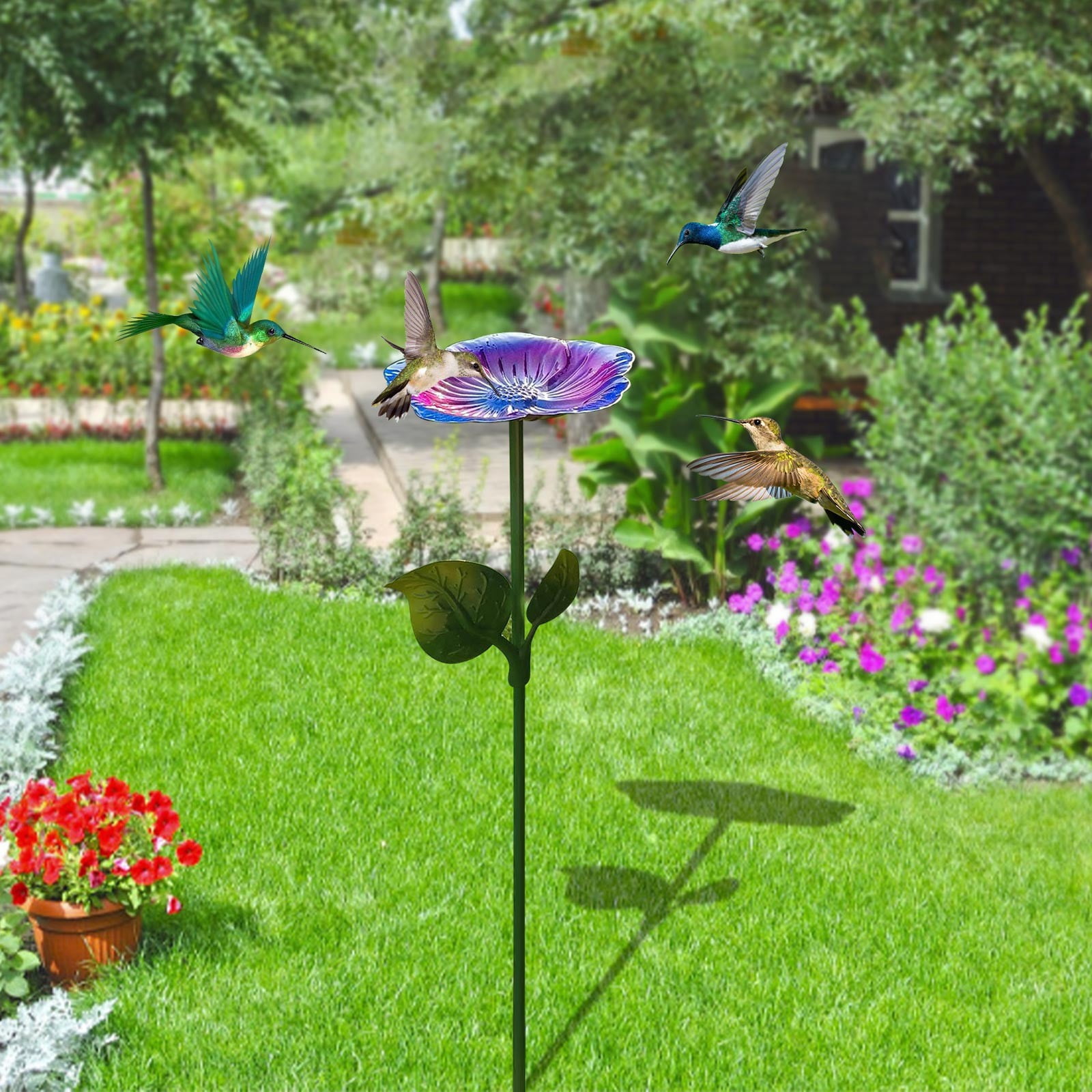RRJ Bee Butterfly Hummingbird Water Feeder, Outdoor Metal Bird Bath Garden Decoration, Rust-Resistant Courtyard Patio Hanging Feeder for Attracting Pollinators and Wildlife
