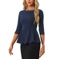 thumbnail image 4 of INSPIRAR CHIC Blusas Peplum para Mujeres de Manga 3/4 con Cinturón Elegante para Trabajo XS Azul Oscuro, 4 of 5