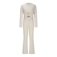 thumbnail image 4 of YUGYXL Ribbed 2 Piece Outfits for Women Long Sleeve Front Crop Top with Flare Long Pants Sweatsuits Loungewear Sets Beige M, 4 of 9