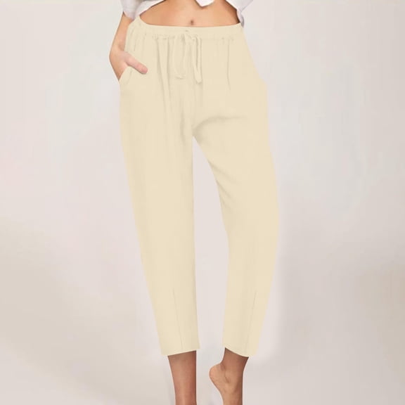 Juslio Linen Pants Women Drawstring with Pockets Linen,High Waist Casual Taper Pants L