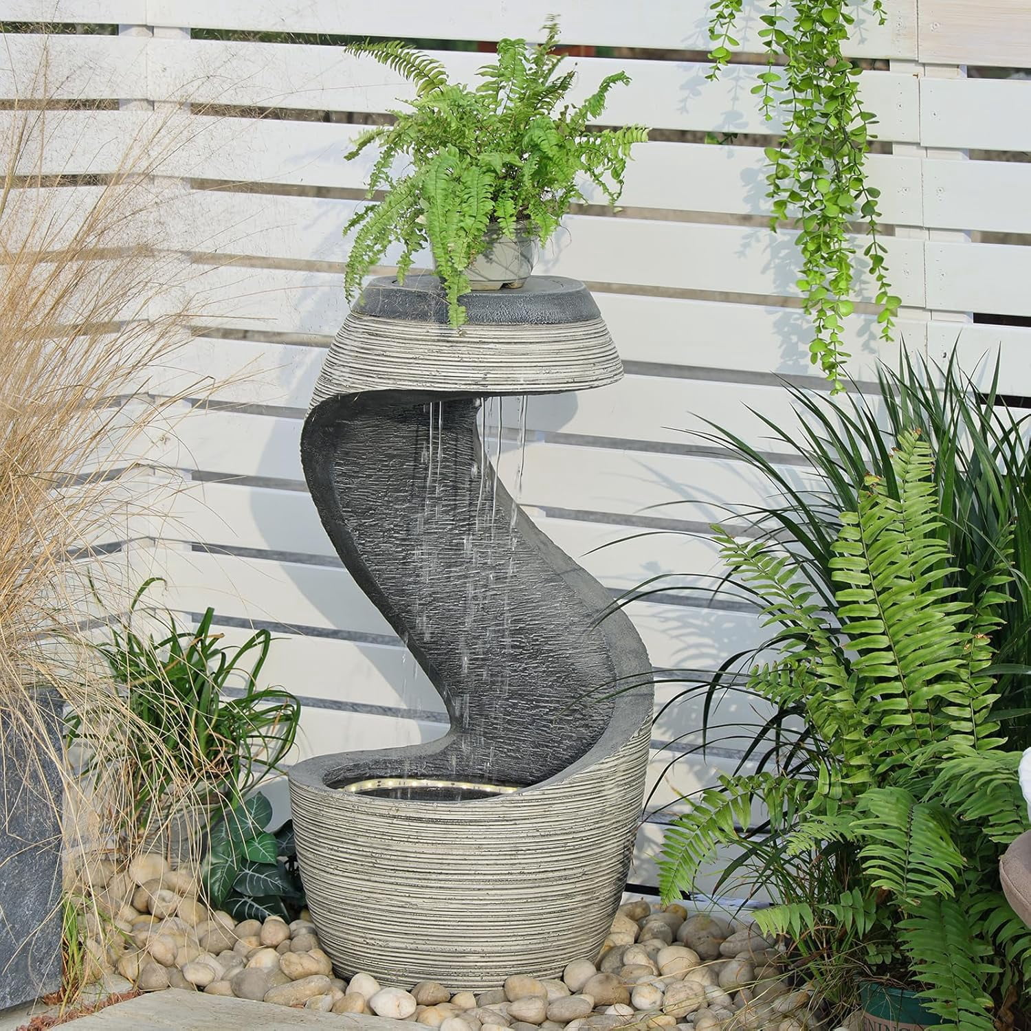 Outdoor Water Fountain 37" Tall S-Curve Floor-Standing Rainfall Fountain Garden Waterfall Feature with LED, Garden Patio Porch Yard Decor, Outdoor Water Feature with Flat Top for Plant, Resin
