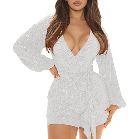 

Jumpsuits Bodysuit For Women Women S Nightclub Sequin Long Sleeve V Neck Jumpsuit Slim Fit Party Bodysuit With Belt Body Suits Women Clothing Underwear Pajamas Lingerie For Women