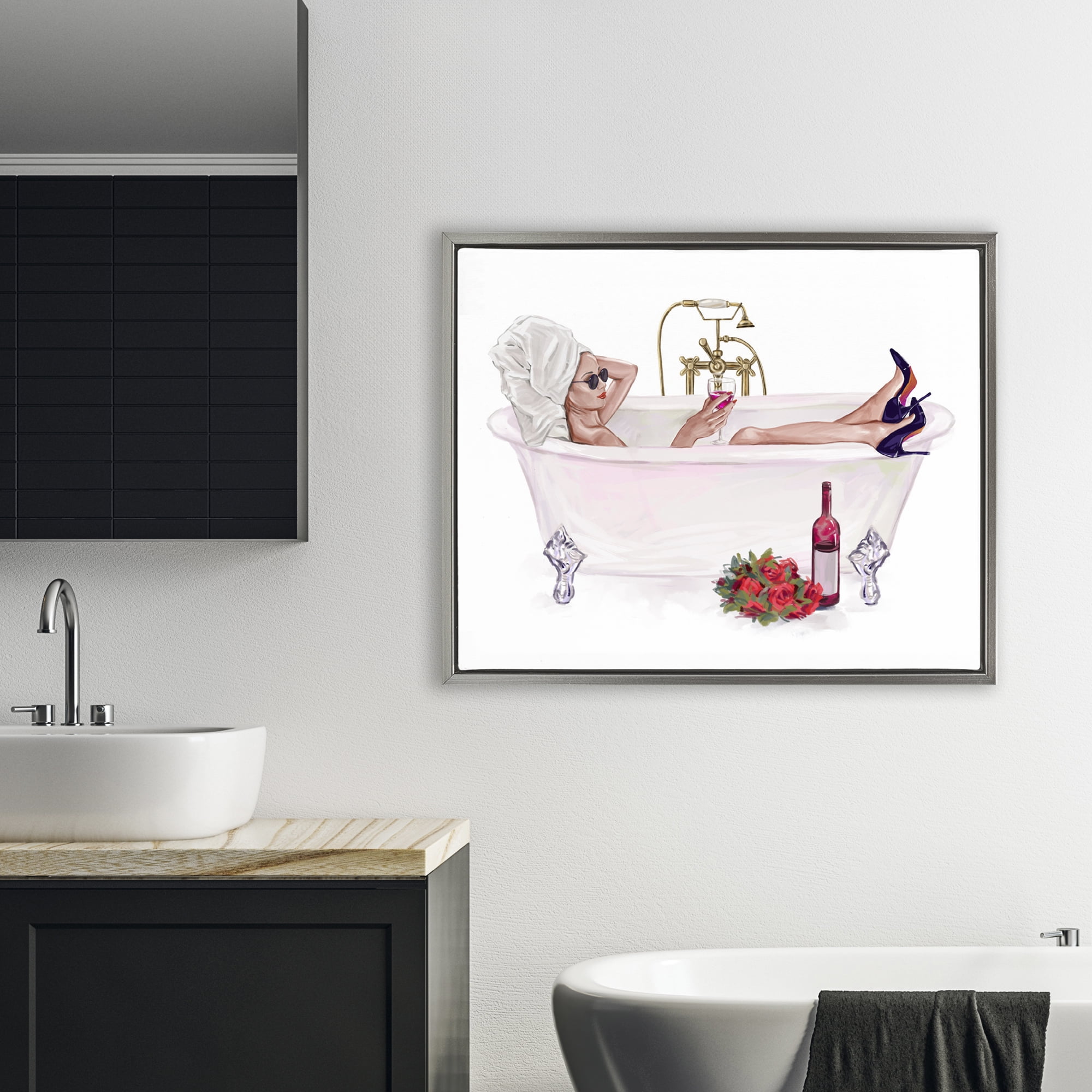 Woman with Wine Bath Gray Framed Floater Canvas Wall Art, design by Ziwei Li