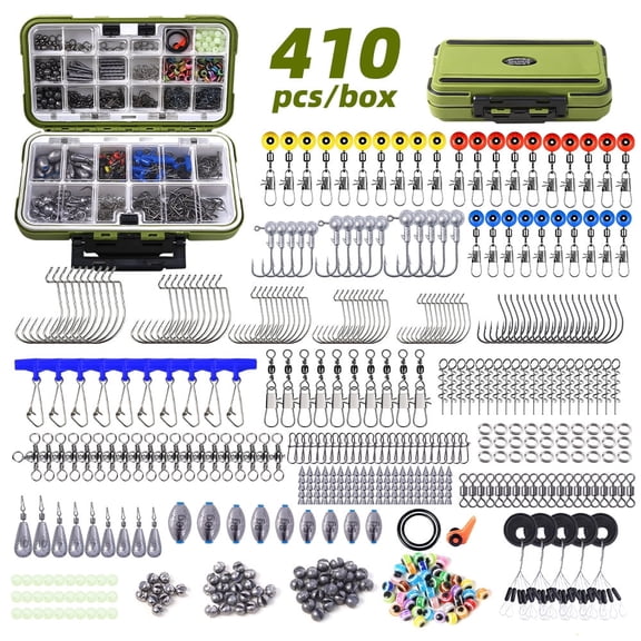Cabecade Fishing Gear Accessories Kit, 410PCS Fishing Tackle Box with Hooks, Weights, Sinkers for Bass Trout