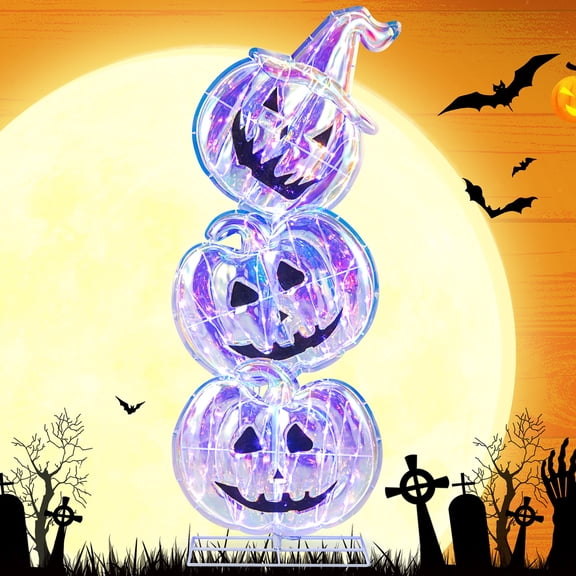 Gymax 3.4 Ft Halloween Decorations Light up Stacked Pumpkins Standing Prismatic Iridescent