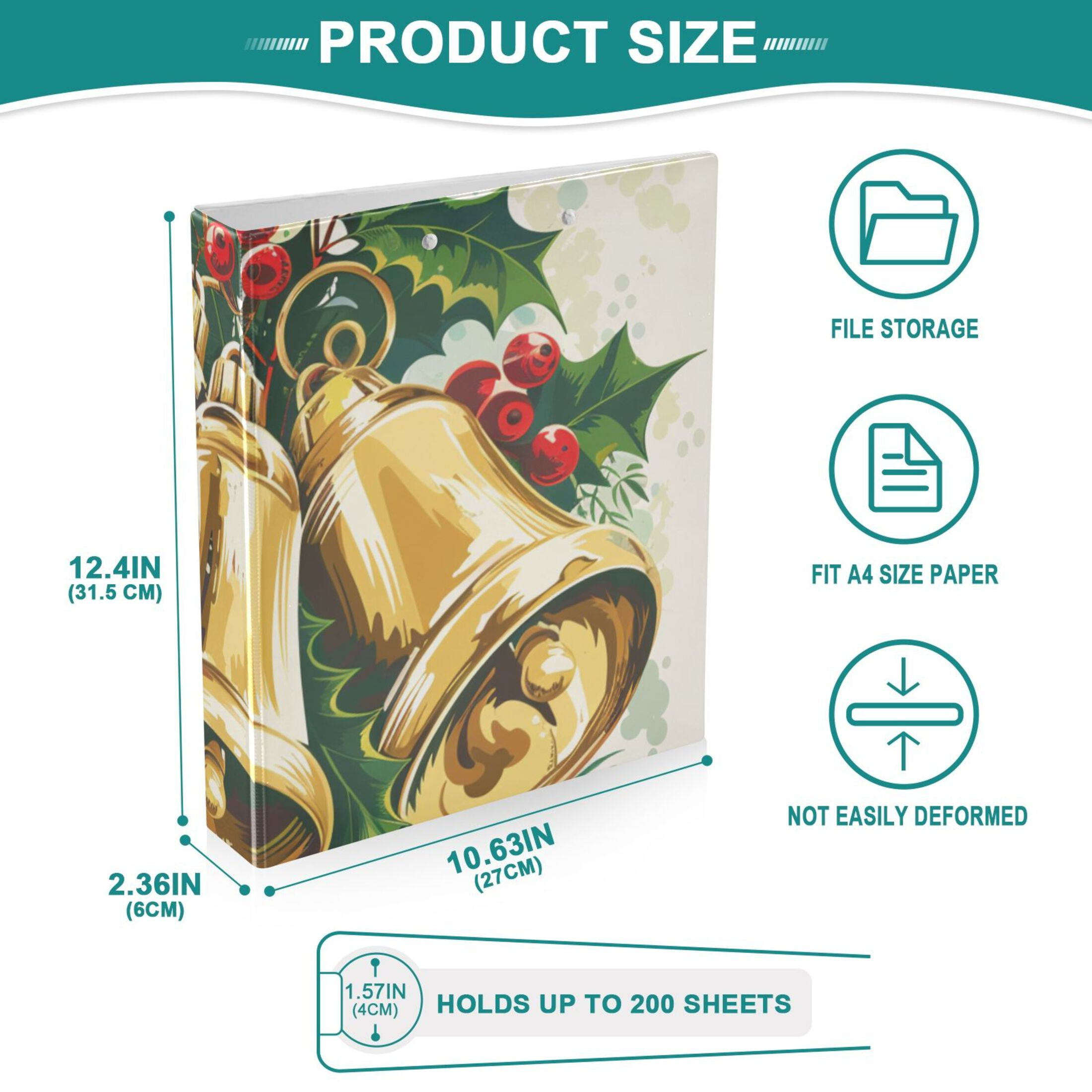 Christmas Bells Holly Berries 3 Ring Binders 1.5 inch Hardcover File Folders with Interior Pockets A4 Size Organizer for School Office Hospital Set of 2