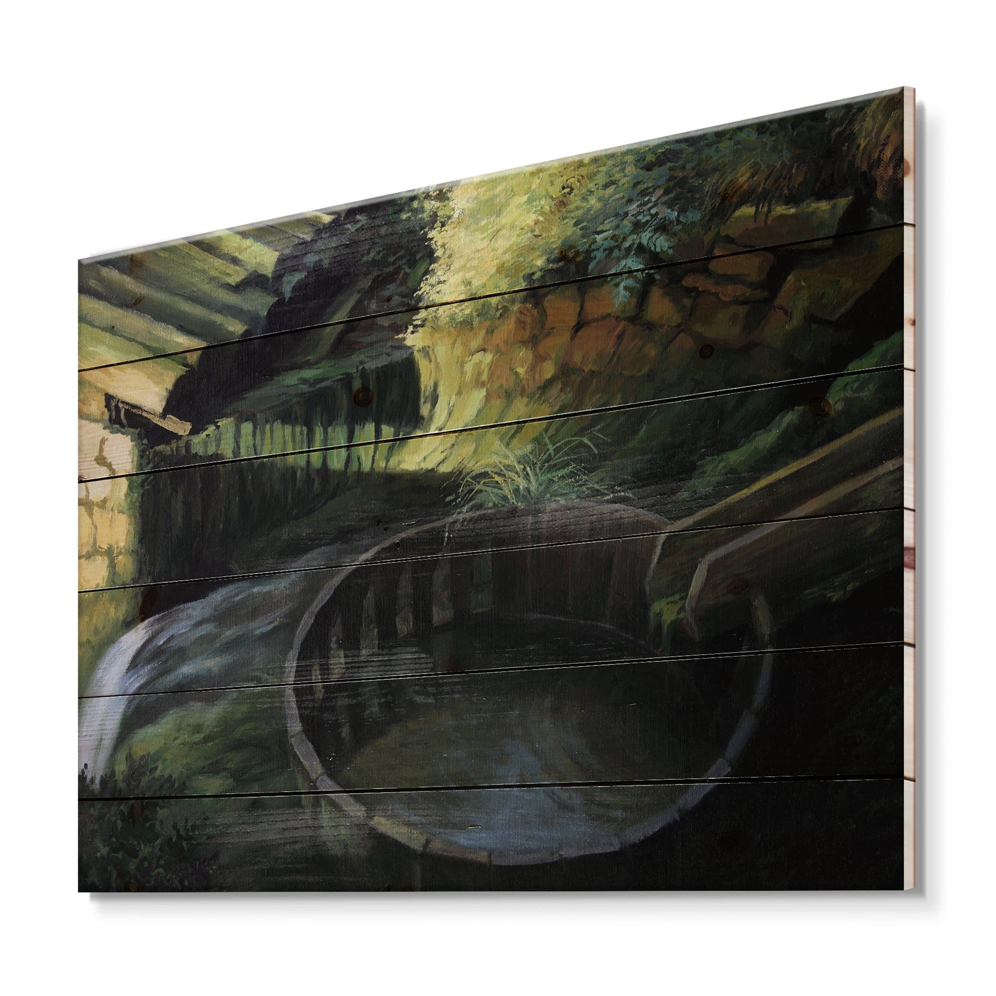 Designart 'Old Watermill In Green Nature Landscape' Lake House Print on Natural Pine Wood