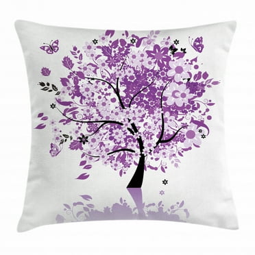 Nature Throw Pillow Cushion Cover, Spring Tree of Life Sacred Woods with Blooming Flower and Butterfly Flying Romance, Decorative Square Accent Pillow Case, 20 X 20 Inches, Lilac Purple, by Ambesonne