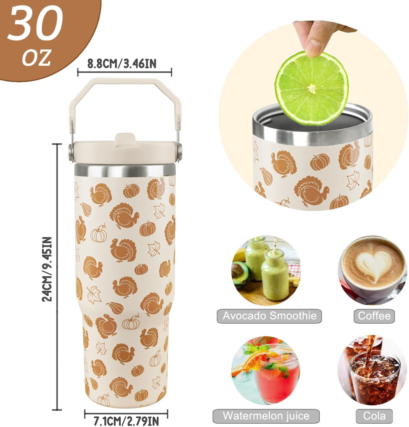 Thanksgiving Tumbler with Handle and Straw PrintTurkey Tumbler Insulated Stainless Steel Cup Coffee Travel Mug Fall Thanksgiving Gifts Decor-30 oz(1PCS)