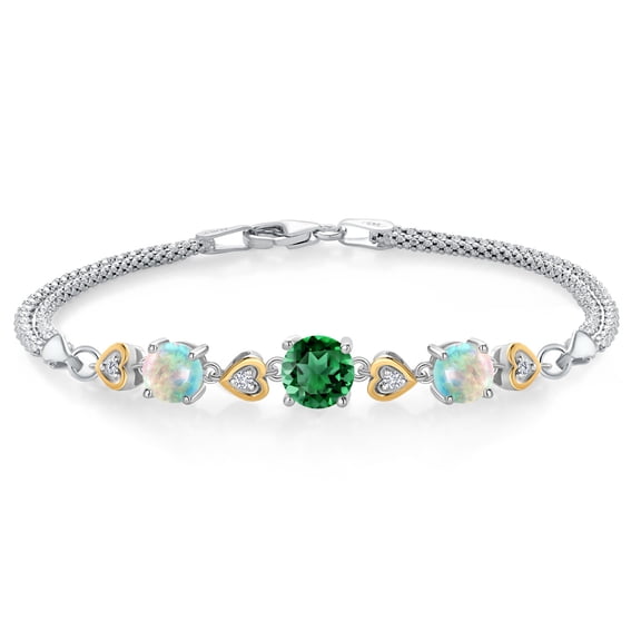925 Sterling Silver and 10k Yellow Gold Green Nano Emerald White Simulated Opal and White Lab Grown Diamond Bracelet for Women (3.30 Cttw, Round 7MM and 6MM, 6.5/7/7.5 inch, Made in Italy)