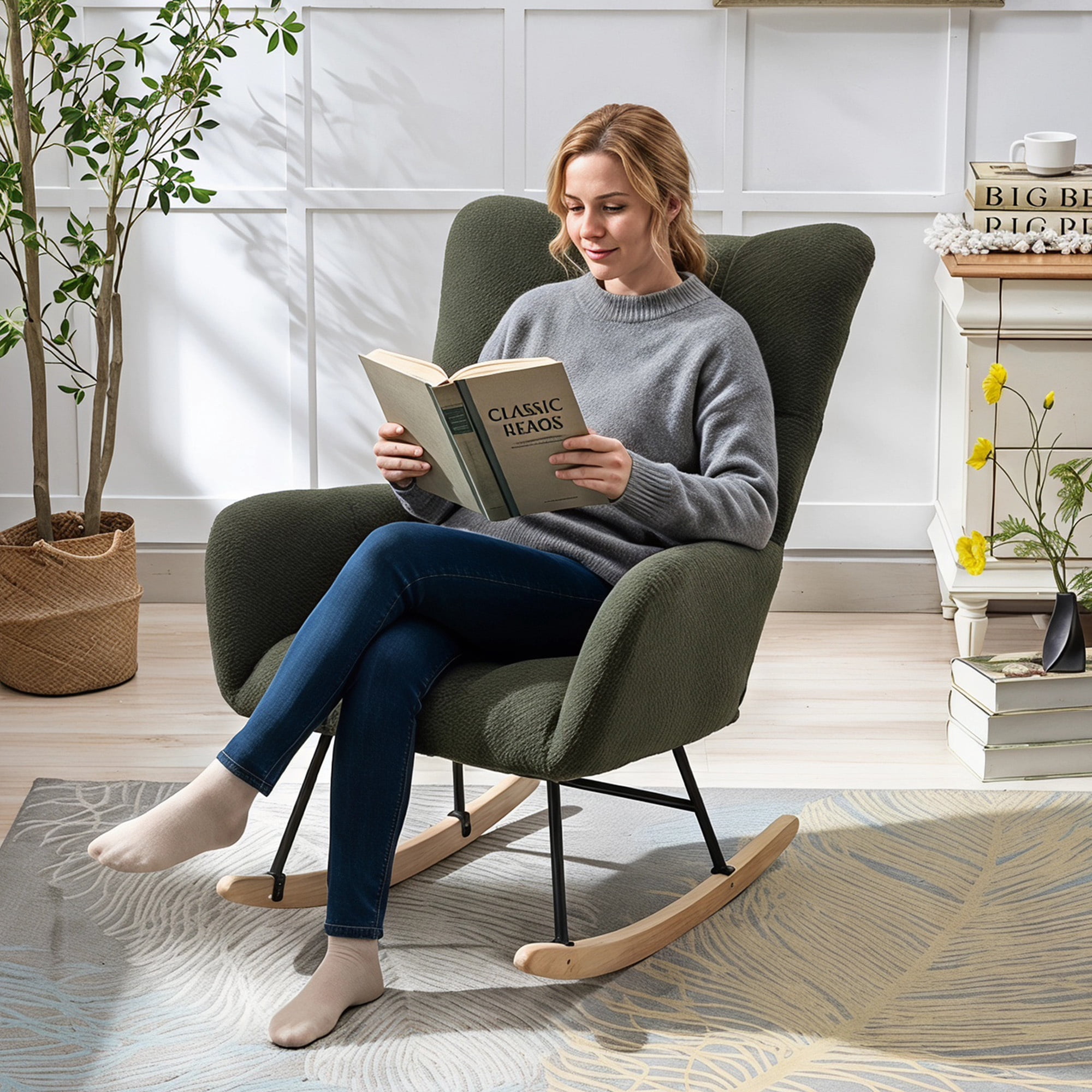 Leumius Rocking Chair Nursery,Teddy Upholstered Glider Rocker with High Backrest,Modern Rocking Accent Chairs Glider Recliner for Living Room, Nursery, Bedroom,Dark Green