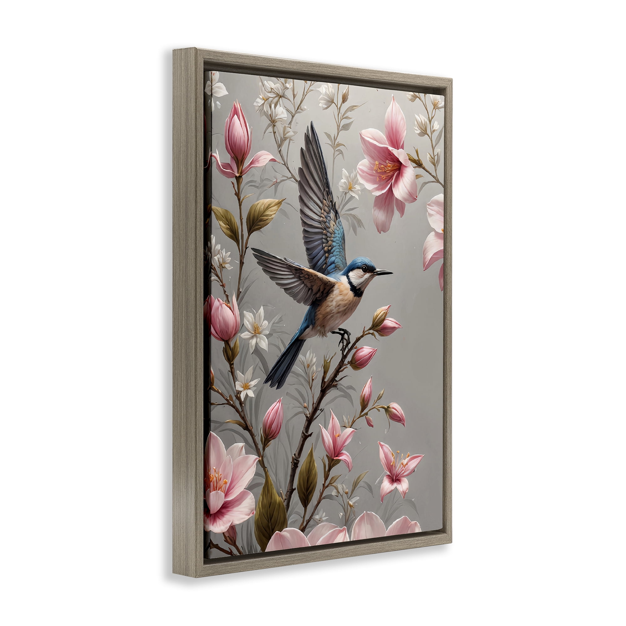 Stupell Industries Soft Pink Florals with Bird Animals Painting Brown Floater Framed Canvas Art Print Wall Art, 21 x 31