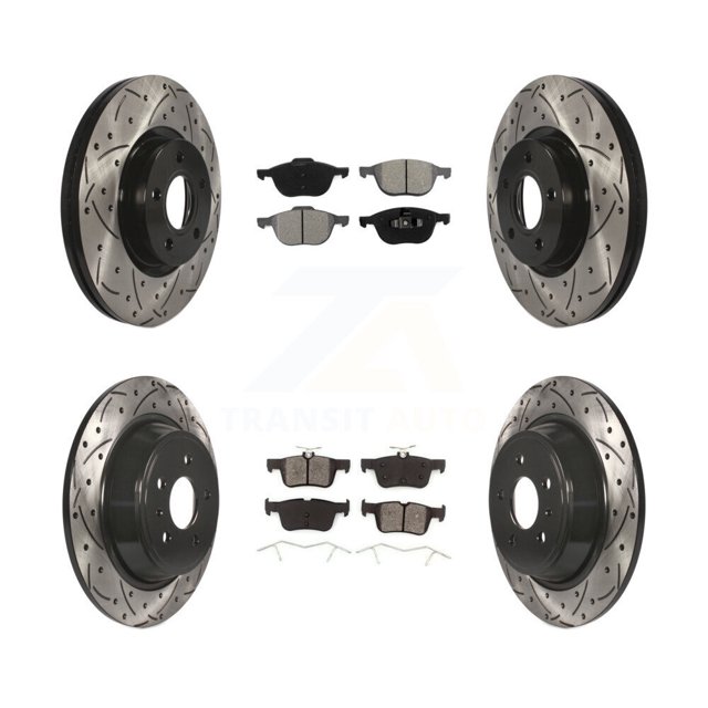 Transit Auto Front Rear Coated Drilled Slotted Disc Brake Rotors and Semi-Metallic Pads Kit for Car Ford Escape KDS-100304