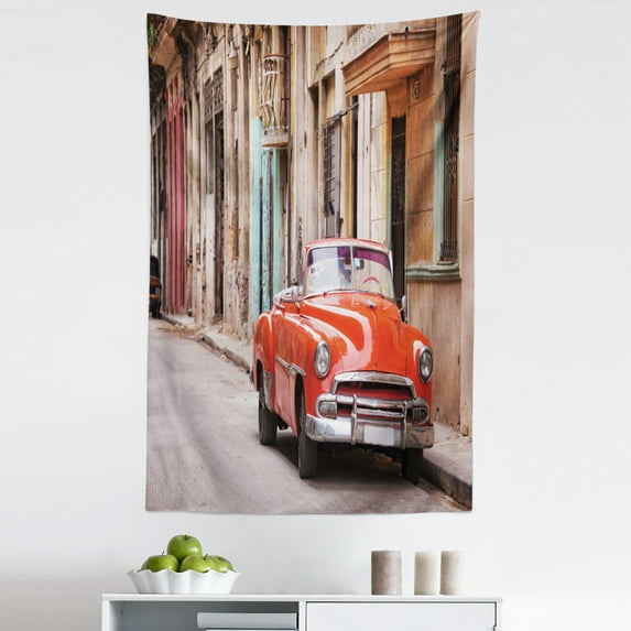 Cars Tapestry, Classical American Car in a Street with Houses Caribbeans Havana Cuba, Fabric Wall Hanging Decor for Bedroom Living Room Dorm, 5 Sizes, Orange Sand Brown, by Ambesonne