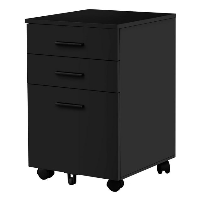Monarch Specialties black filing cabinet with three storage drawers and two locking casters, 24 inches high