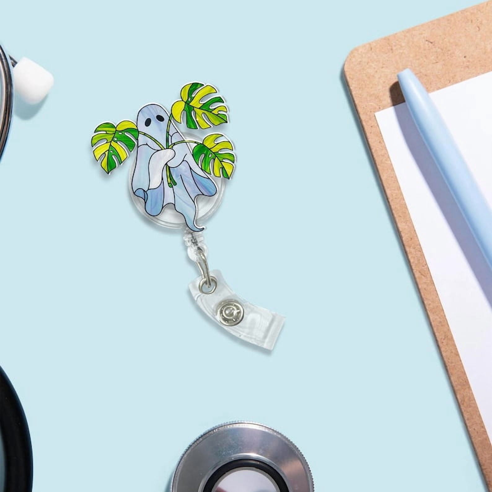 TiniDecor Plant Ghost Badge Reel, Retractable ID Holder, Cute Monstera Ghost Gift for Nurse, Teacher