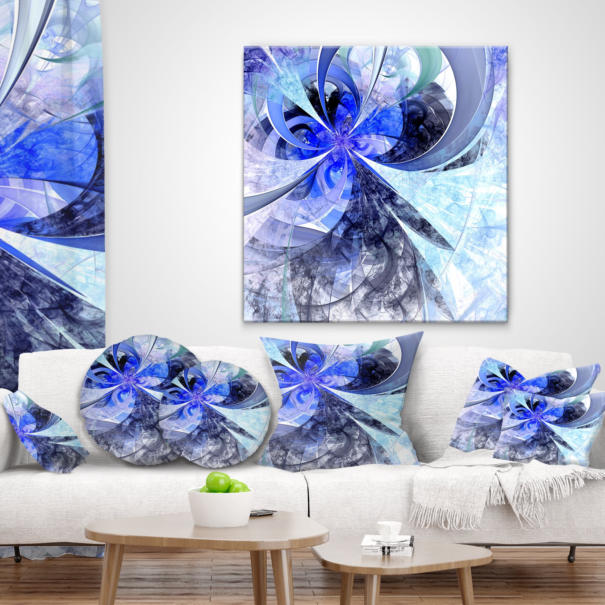 Designart Blue White Fractal Flower Pattern - Floral Throw Pillow - 16x16