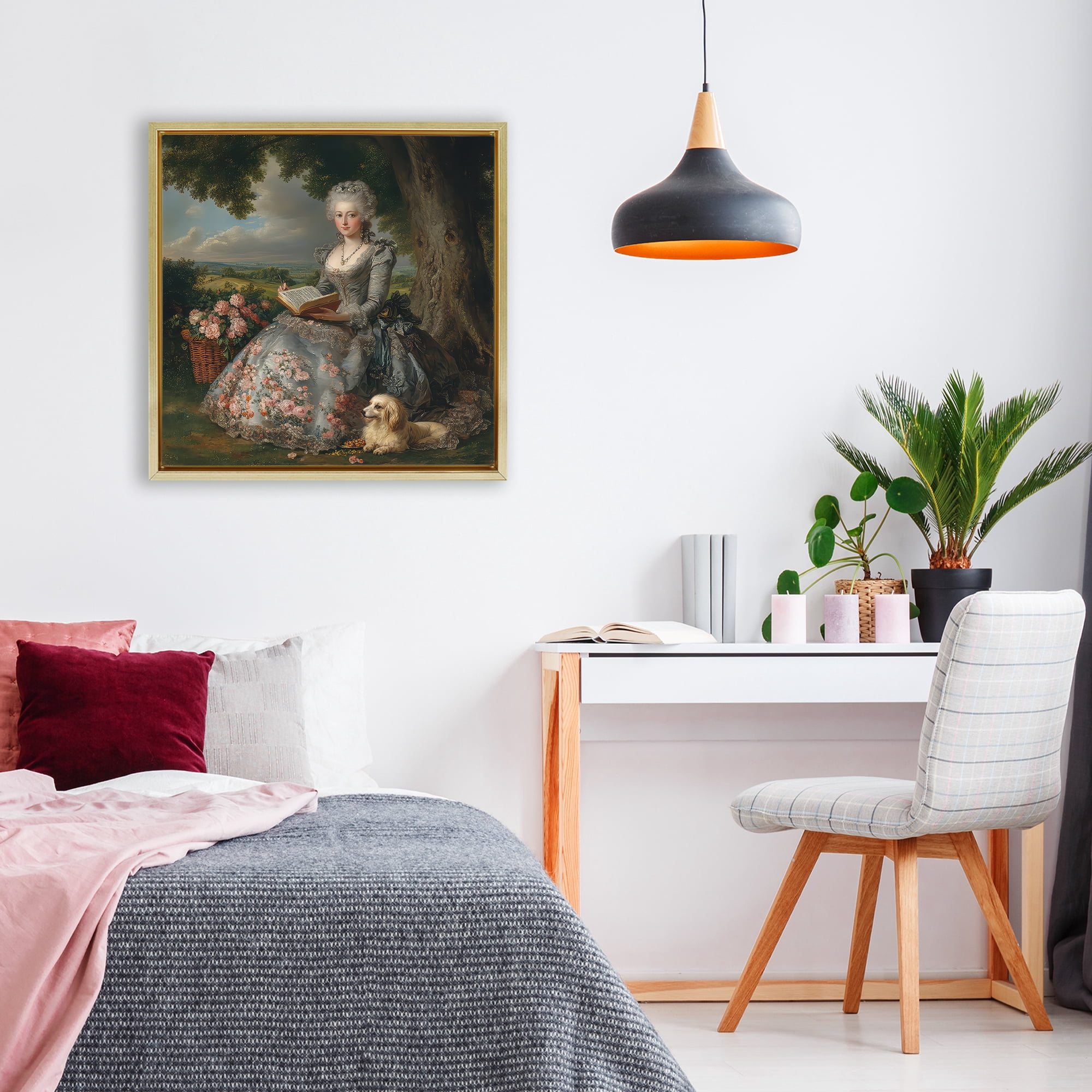 Stupell Industries Reading Rococo Lady with Dog Gold Framed Floater Canvas Wall Art, design by The Wands Want