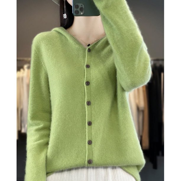 Chaqueta tipo suéter de cachemira con capucha y sin costuras confeccionada para mujer de pura lana merino australiana