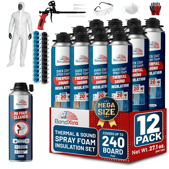 Spray Foam Insulation Kit (12 x 32.80 oz/930 gr - 240 Board feet), Self-Expanding Adhesive Foam, Closed Cell Heat Insulation & Acustic Spray with Cleaner and Dispensing Gun - 12 Pack