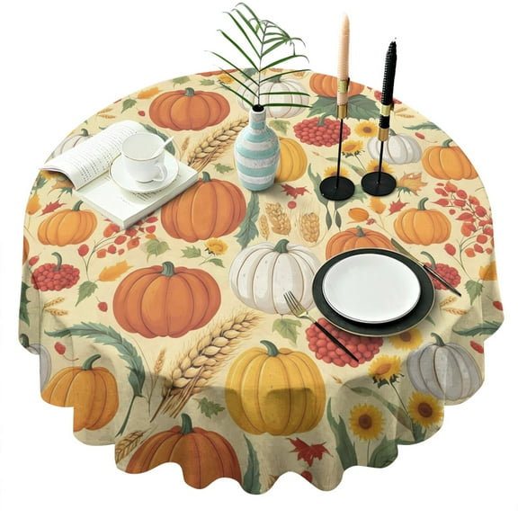 Fall Pumpkins Sunflowers Autumn Pattern Round Tablecloth 60" X 60",Wrinkle Wipeable Table Cloth for Kitchen Dining Room Picnic Patio Party