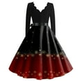 thumbnail image 3 of Women's Casual Fashion Christmas Holiday Print V-neck Vintage Dress for Retro Style and Party Occasions, Comfortable Women's Long Sleeve Holiday Dress,Vermilion,L, 3 of 3