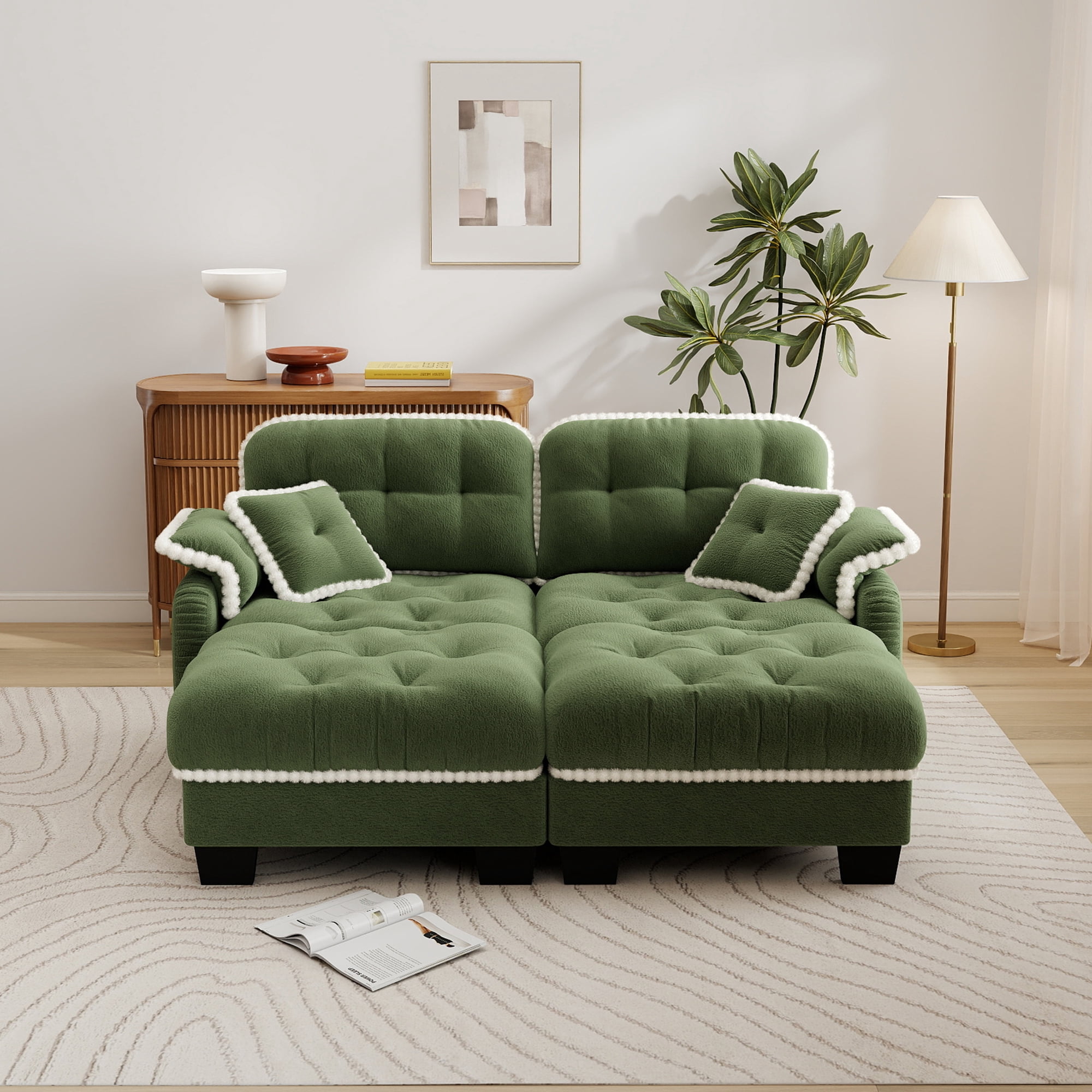 Aenkyo 70" Chenille Modular Sectional Sofa with 2 Ottomans, 23.8" Deep Seat, Green