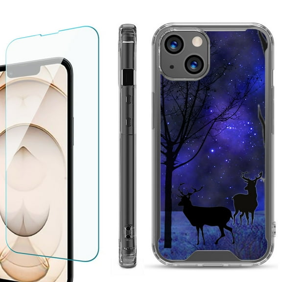 Shockproof Bumper Phone Case for iPhone 13, with Tempered Glass Screen Protector, by OneToughShield ® - Midnight Forest