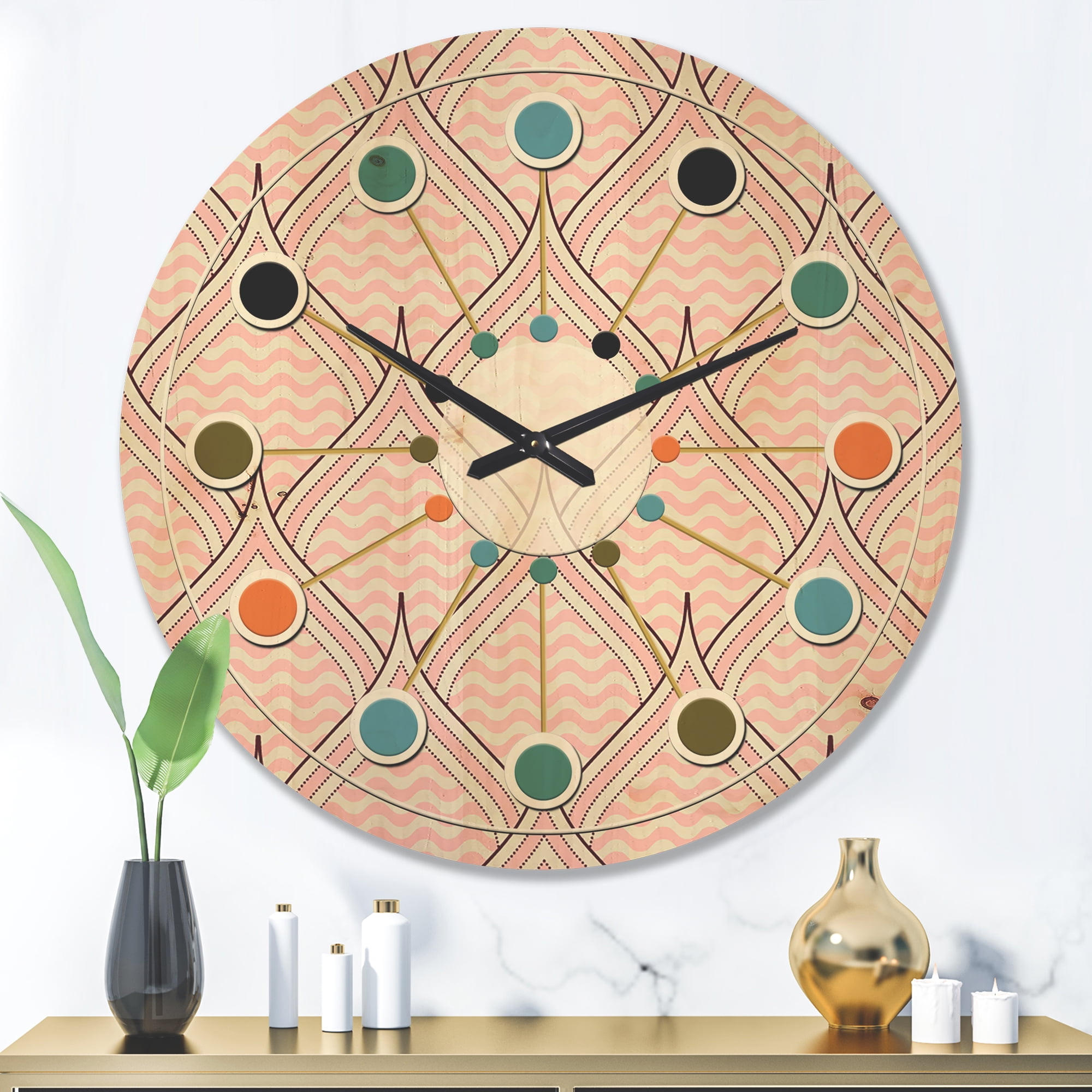 Designart 'Decorative Elements With Retro Ornament' Mid-Century Modern Wood Wall Clock